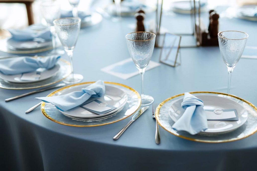 Event table with blue tablecloth