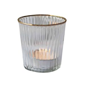 Ribbed Clear Glass Tea Light Holder with Gold Rim