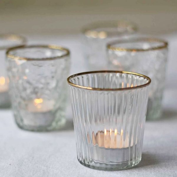 Ribbed Clear Glass Tea Light Holder with Gold Rim
